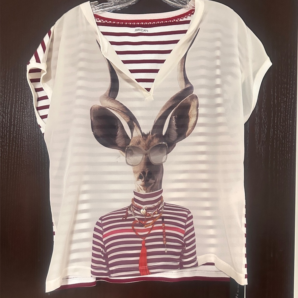 Marc Cain White and Red Striped Graphic Tee